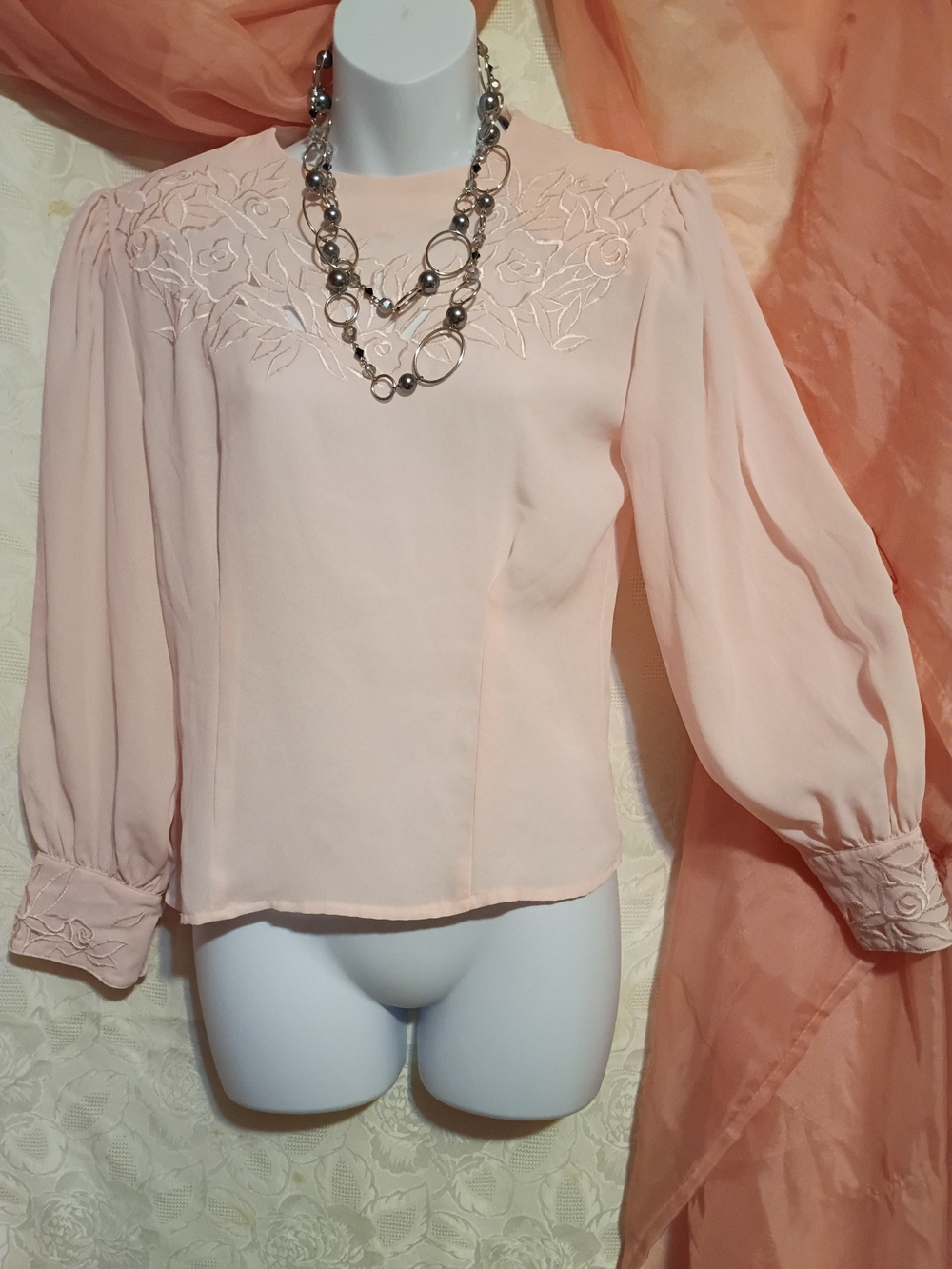 Josephine Ladies Embroidered Puff-Sleeve Blouse - Blush Pink Sz 2